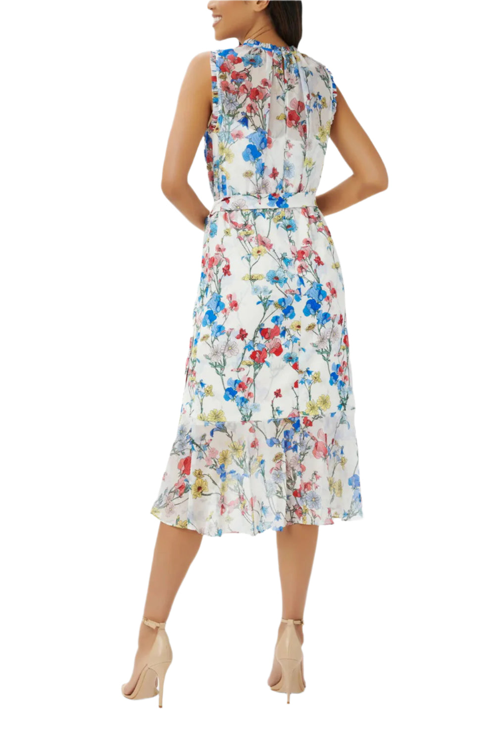 Cocktail Dresses High Low Floral Print Midi Cocktail Dress Ivory Coral Multi