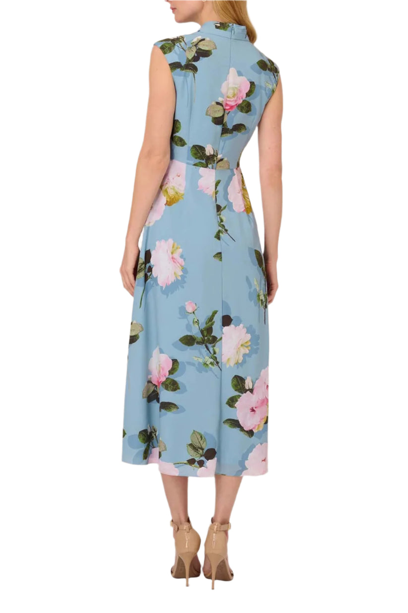 Cocktail Dresses Floral Print Slit Tea Length Cocktail Dress Blue Multi