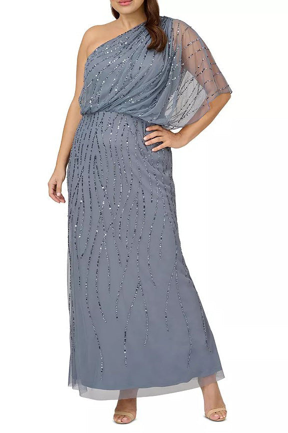 Plus Size Dresses Plus Size Sequin Long Formal Blouson Dress Dusty Blue