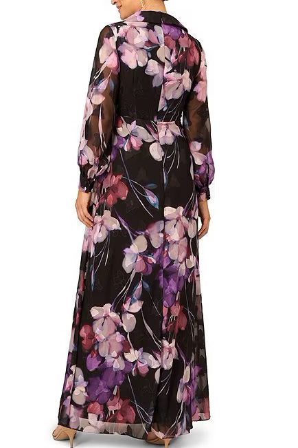 Formal Dresses Long Sleeve Floral Print Formal Dress Black Multi