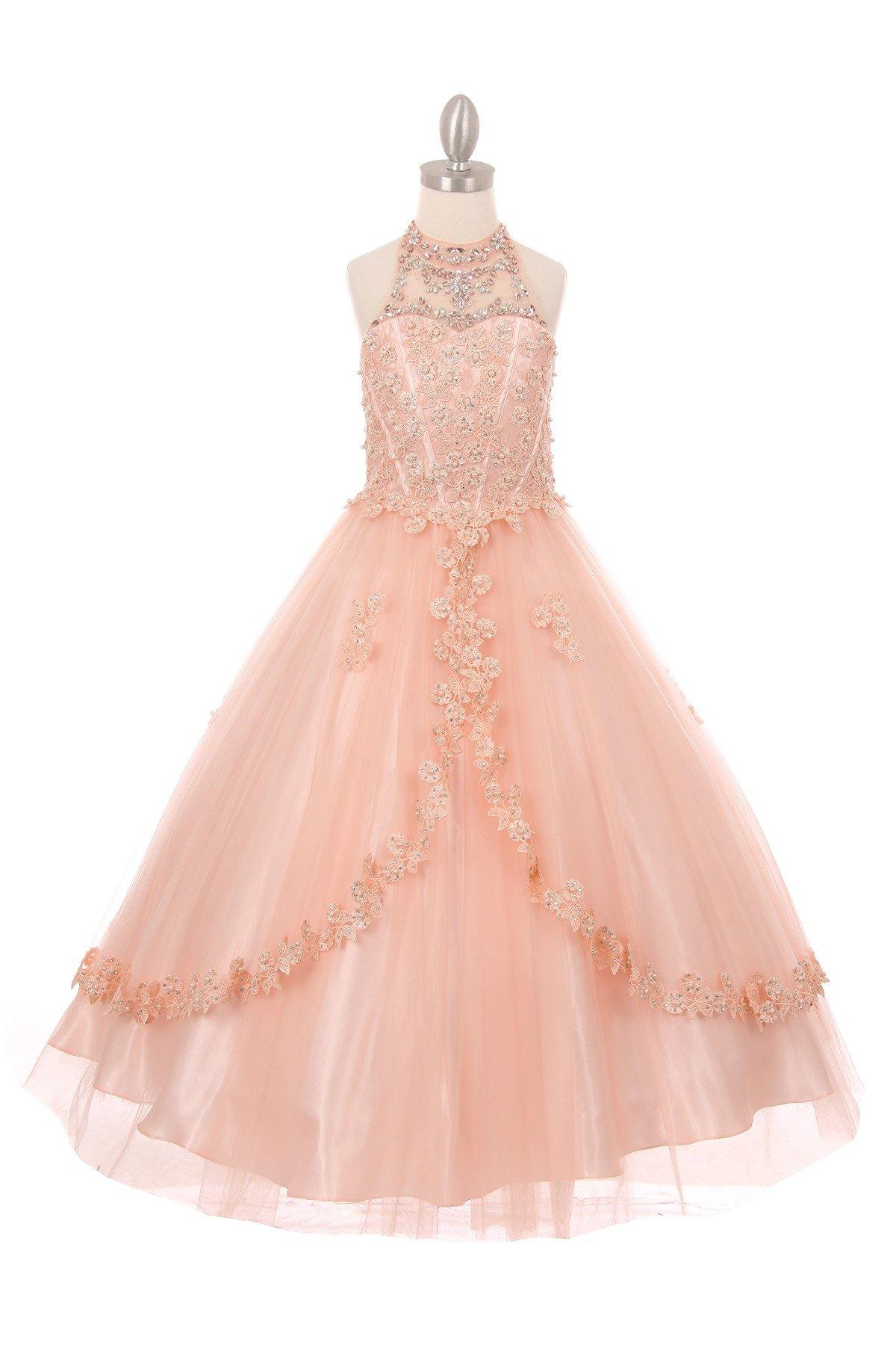 Beaded Halter Style Long Gown Flower Girl Dress - The Dress Outlet Cinderella Couture