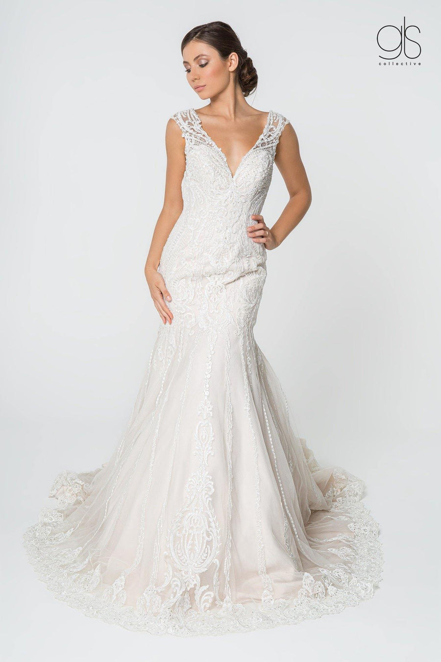Bridal Long Gown Lace Embellished V-Neck Wedding Dress - The Dress Outlet Elizabeth K