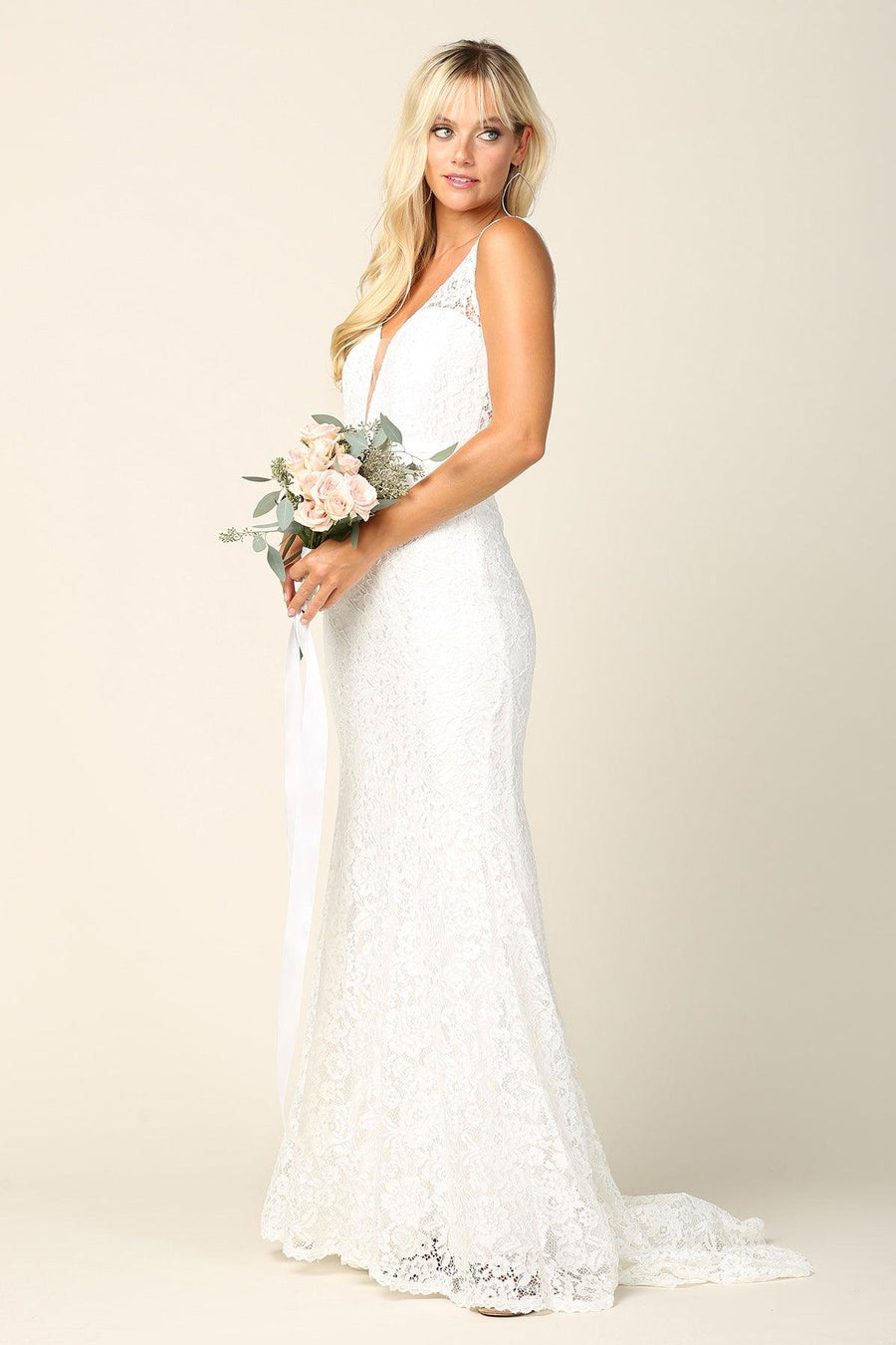 Bridal Long Sleeveless Lace Wedding Dress - The Dress Outlet