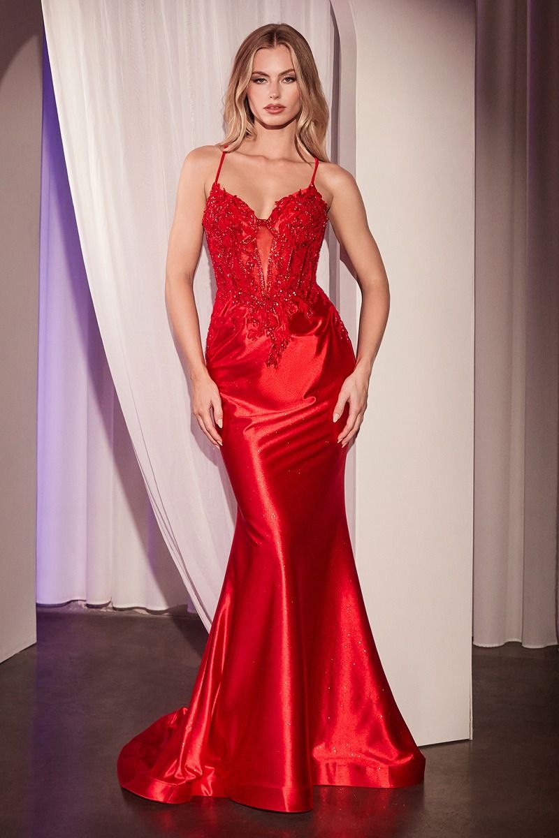 Prom Dresses Long Fitted Formal Applique Prom Gown Red
