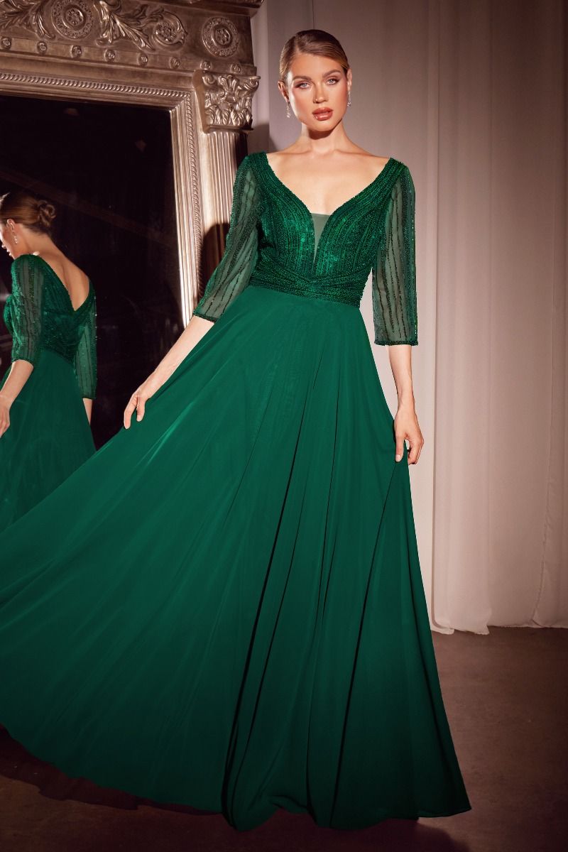 Formal Dresses LaDivine CC446 Long Formal A Line Beaded Evening Dress Emerald