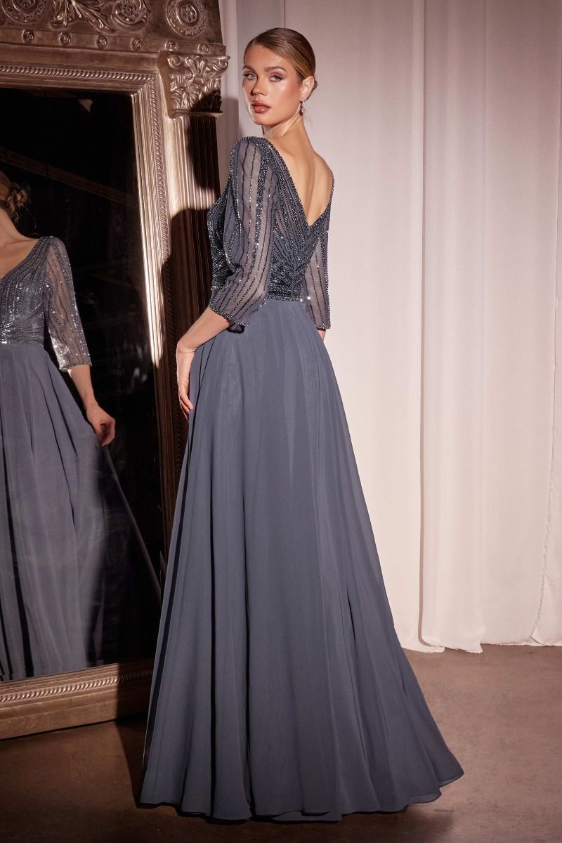 Formal Dresses LaDivine CC446 Long Formal A Line Beaded Evening Dress Indigo Grey