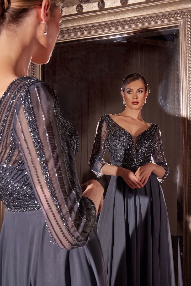 Formal Dresses LaDivine CC446 Long Formal A Line Beaded Evening Dress Indigo Grey