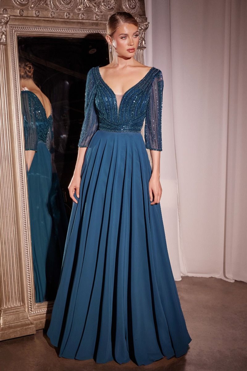 Formal Dresses LaDivine CC446 Long Formal A Line Beaded Evening Dress Peacock