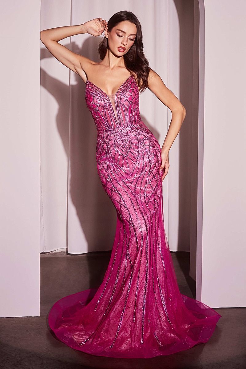 Prom Dresses Formal Glitter Prom Fitted Long Dress Fuchsia