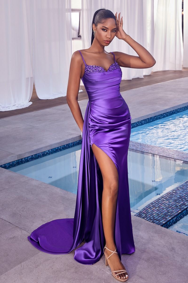 Prom Dresses Long Slit Pleated Formal Beaded Prom Dress Nova Purple
