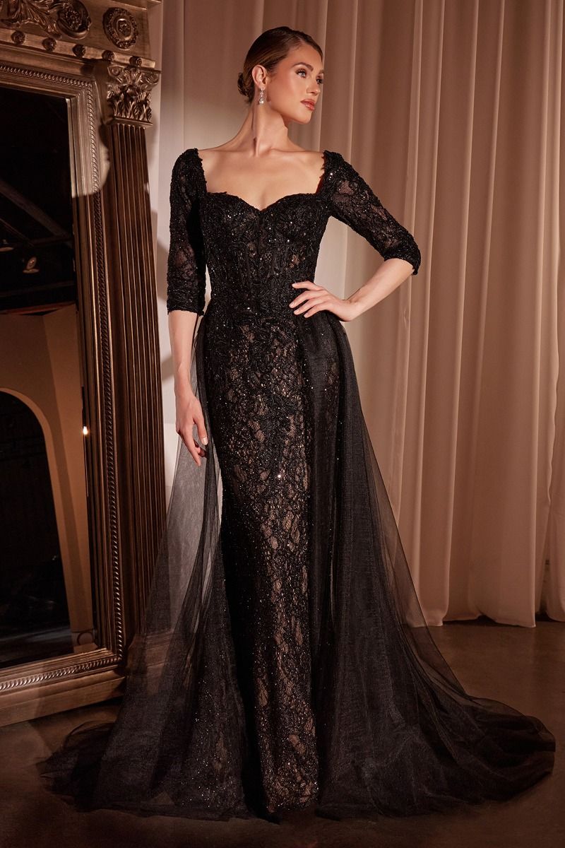 Formal Dresses Fitted Long Formal Applique Overskirt Evening Dress Black Nude