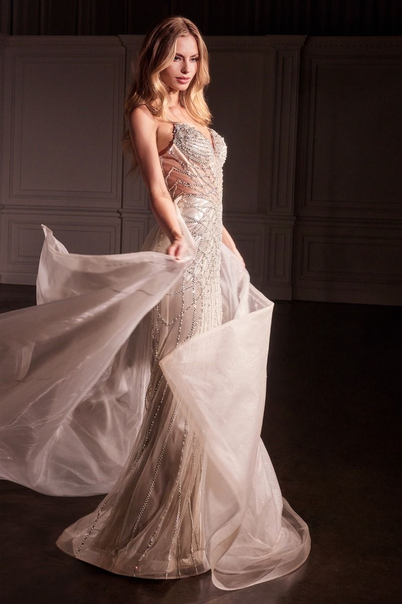 Prom Dresses Long Beaded Formal Overskirt Prom Gown Platinum