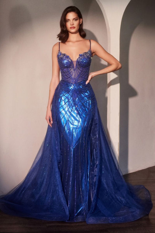 Prom Dresses Long Beaded Formal Overskirt Prom Gown Royal