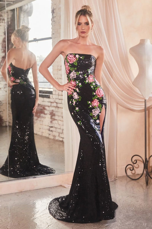 Prom Dresses Long Floral Formal Prom Sequin Dress Black