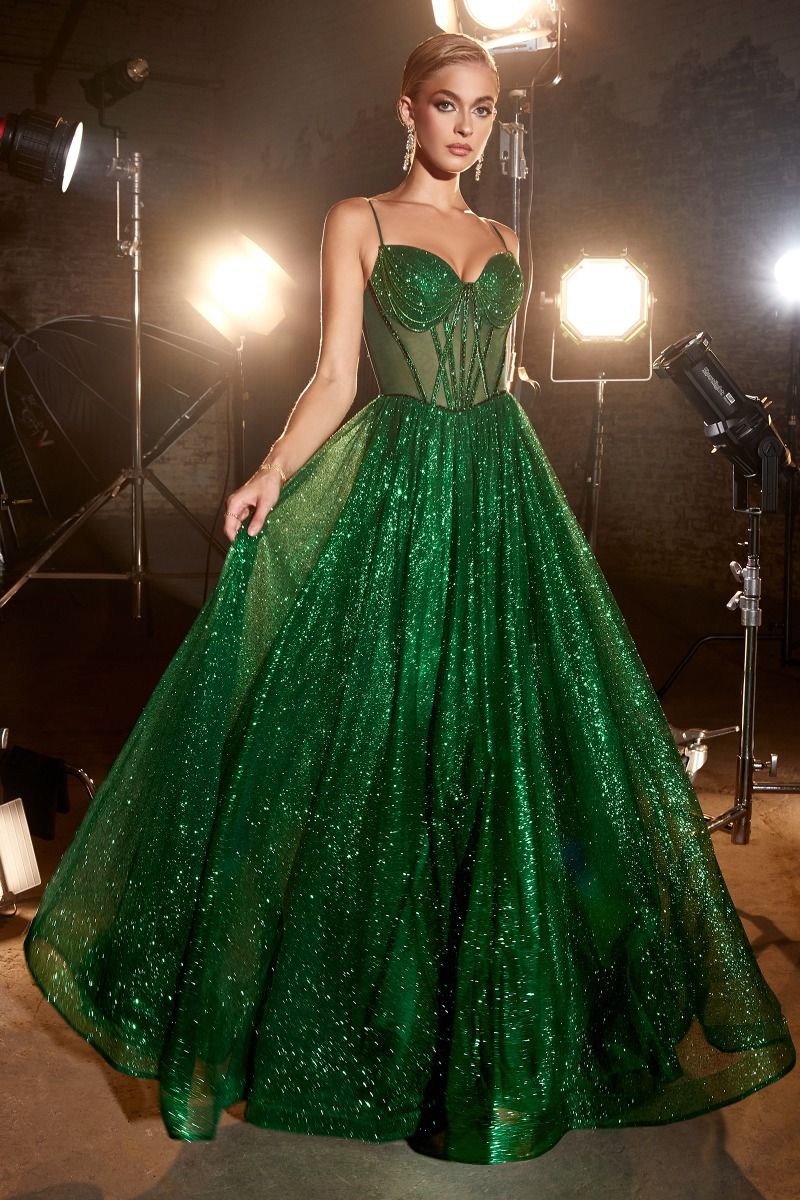 Prom Dresses Glitter Ball Gown Long Corset Prom Gown Emerald