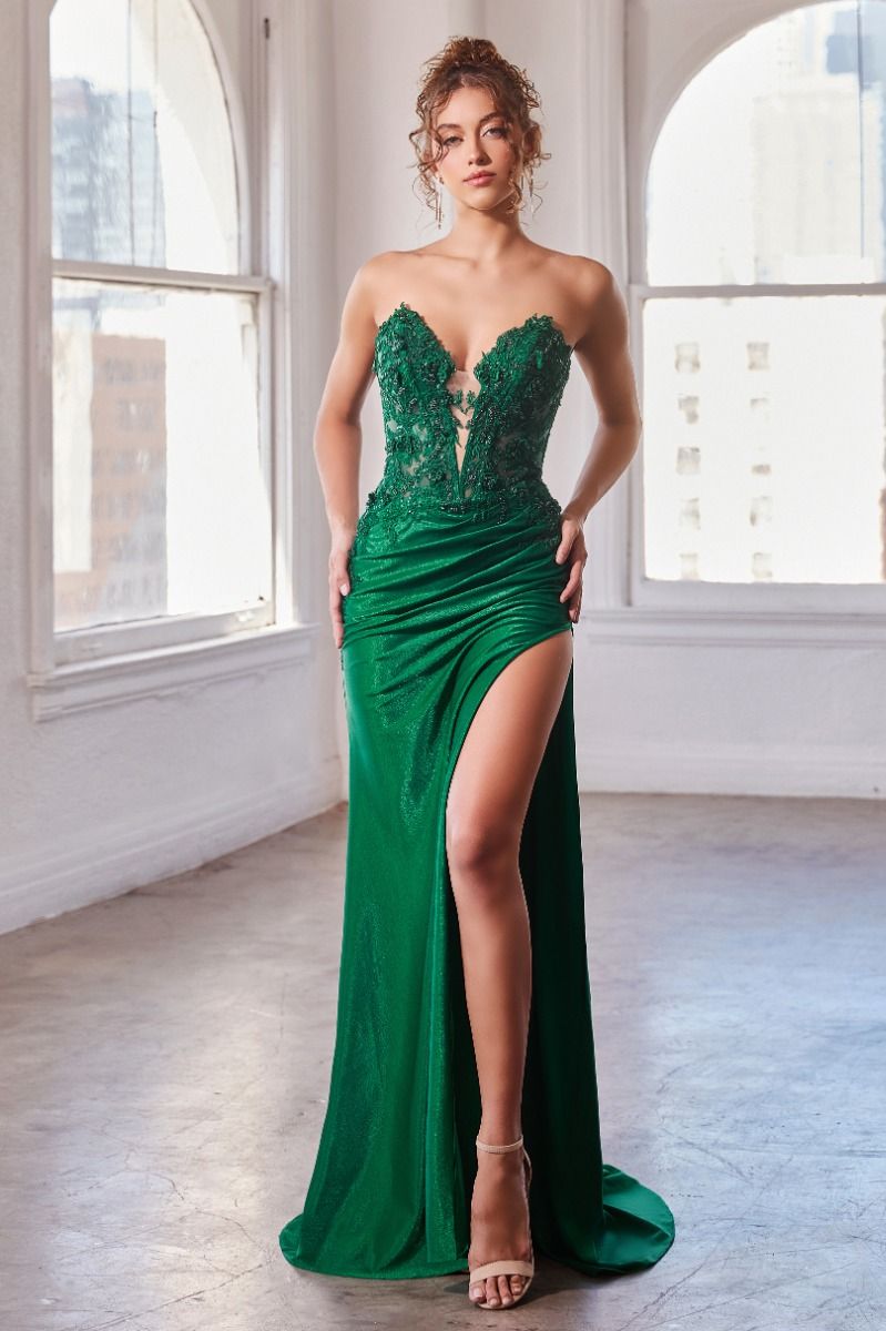 Prom Dresses Fitted Long Lace Slit Formal Prom Dress Emerald