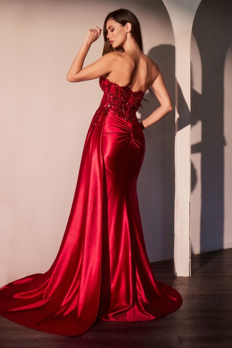 Prom Dresses Long Fitted Applique Formal Slit Prom Dress Burgundy