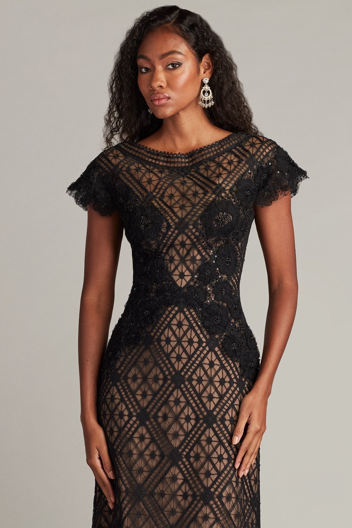 Formal Dresses Long Ruffle Formal Cap Sleeve Dress Black Nude