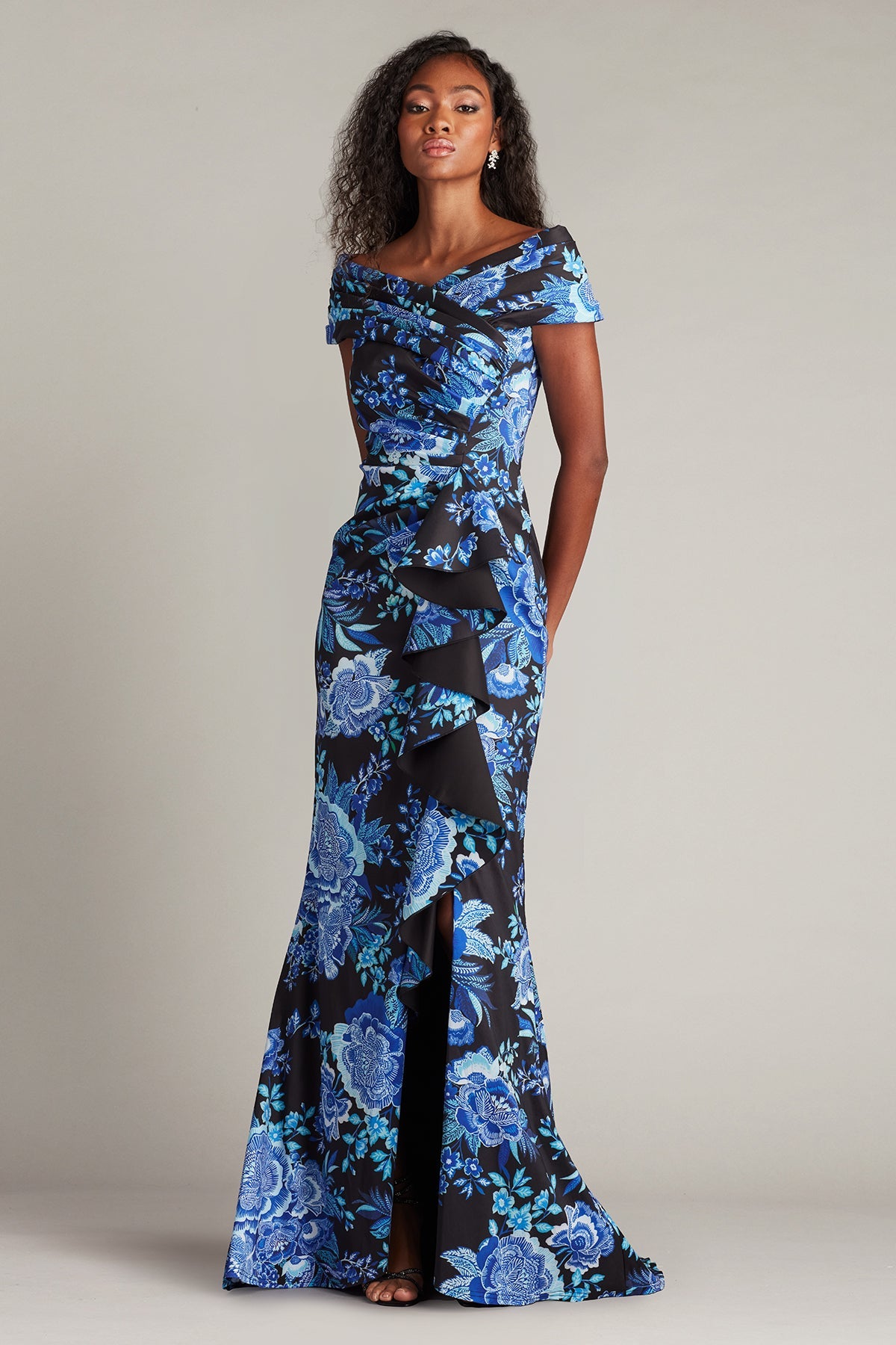 Formal Dresses Formal Long Floral Slit Ruffle Dress Black Blue Floral