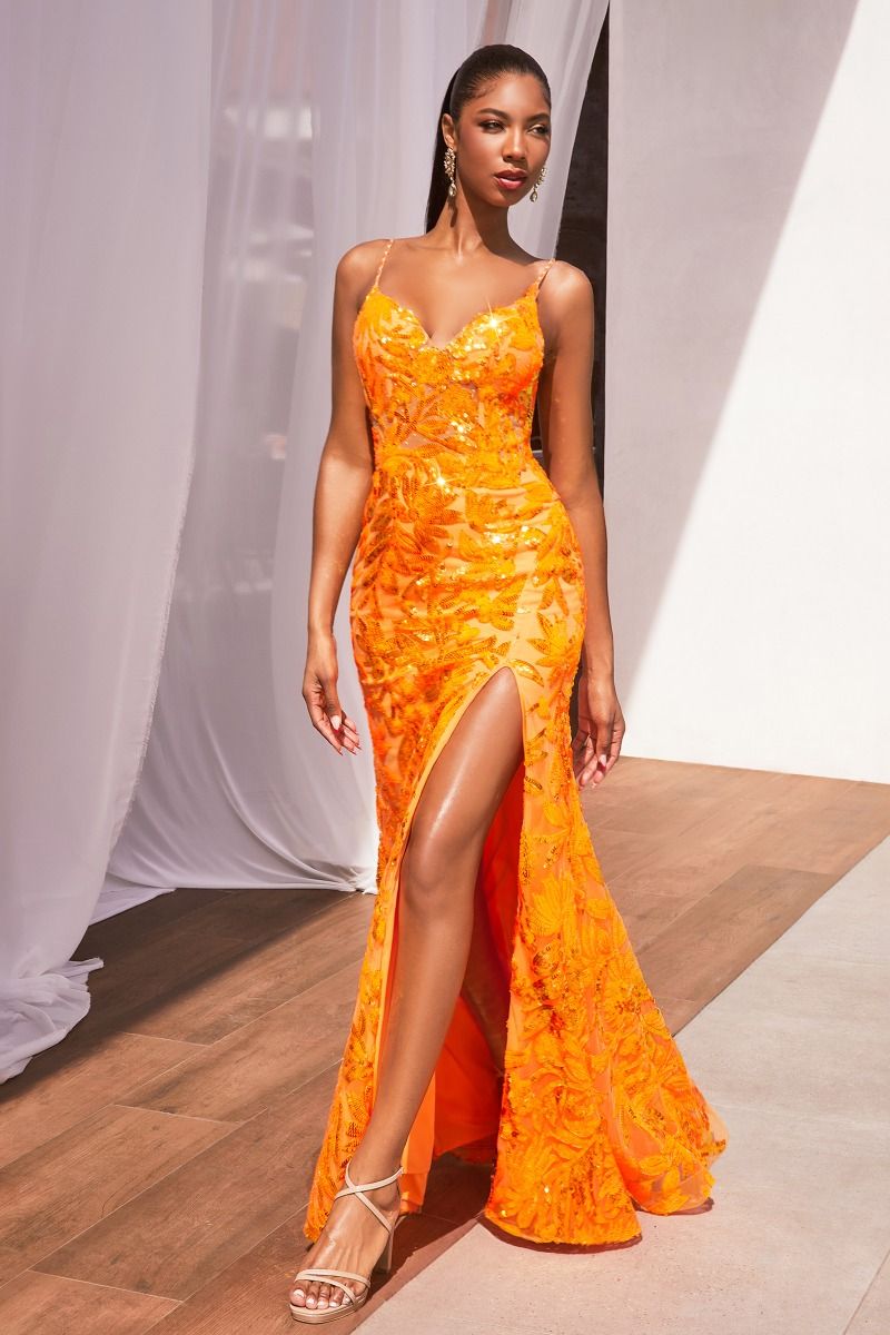 Prom Dresses Formal Long Sequin Prom Printed Dress Orange