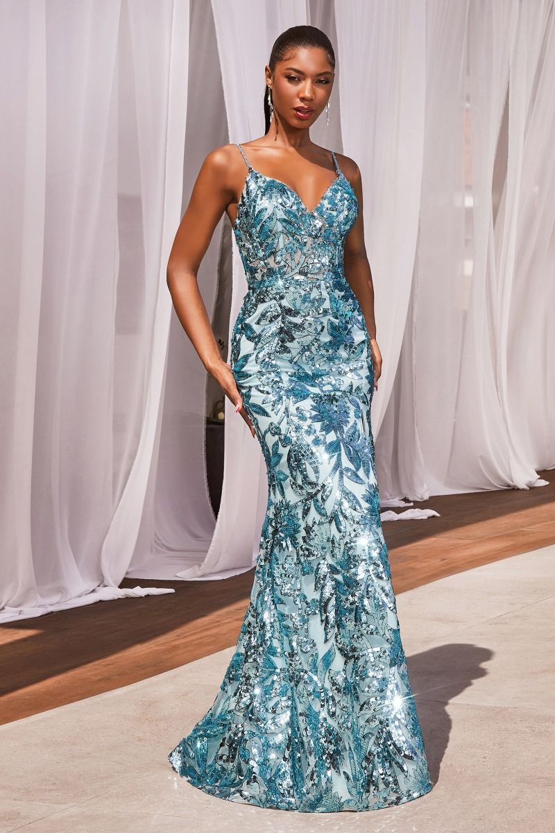 Prom Dresses Formal Long Sequin Prom Printed Dress Sea Mist