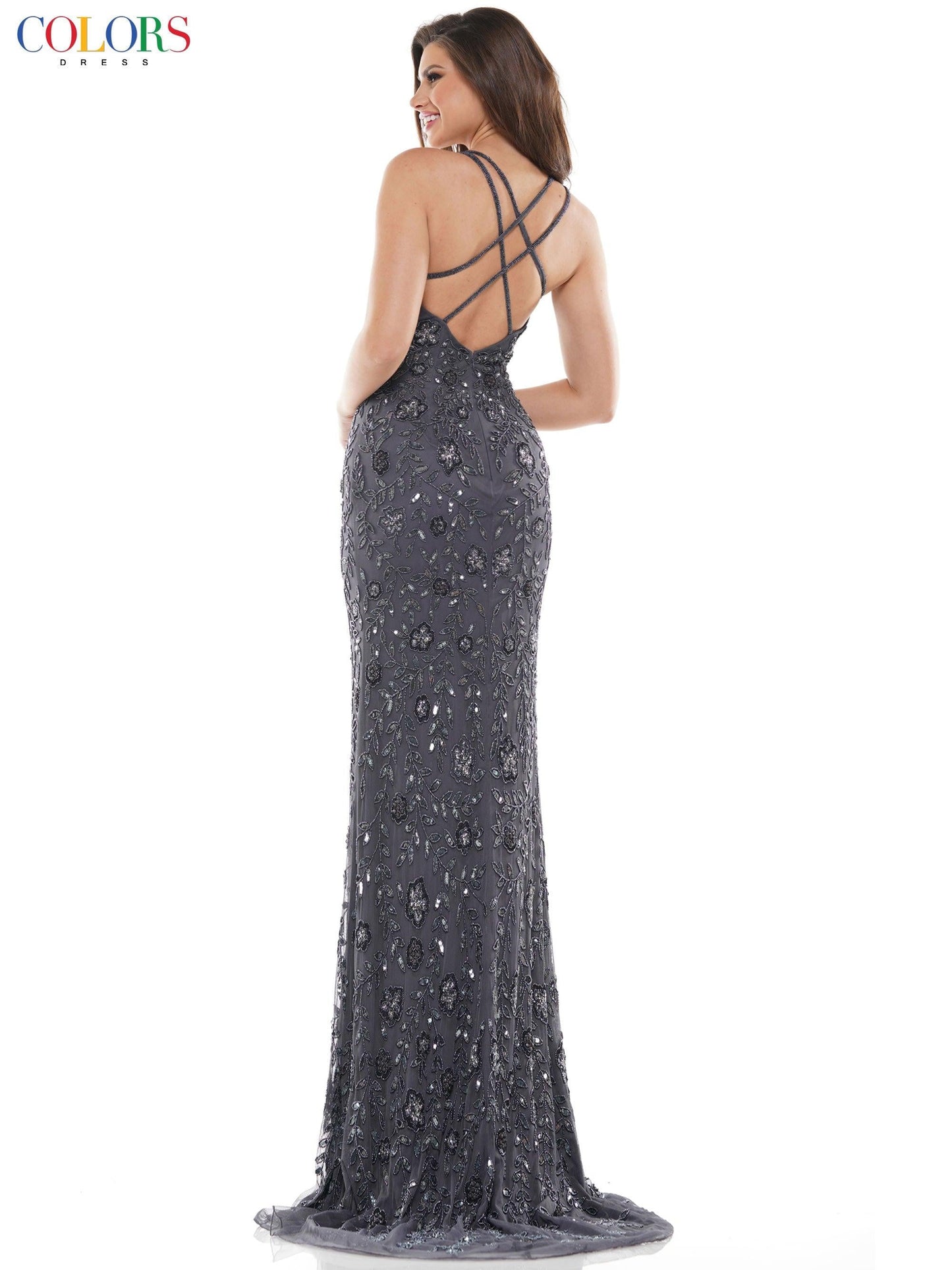 Colors Long Spaghetti Strap Beaded prom Dress 115 - The Dress Outlet