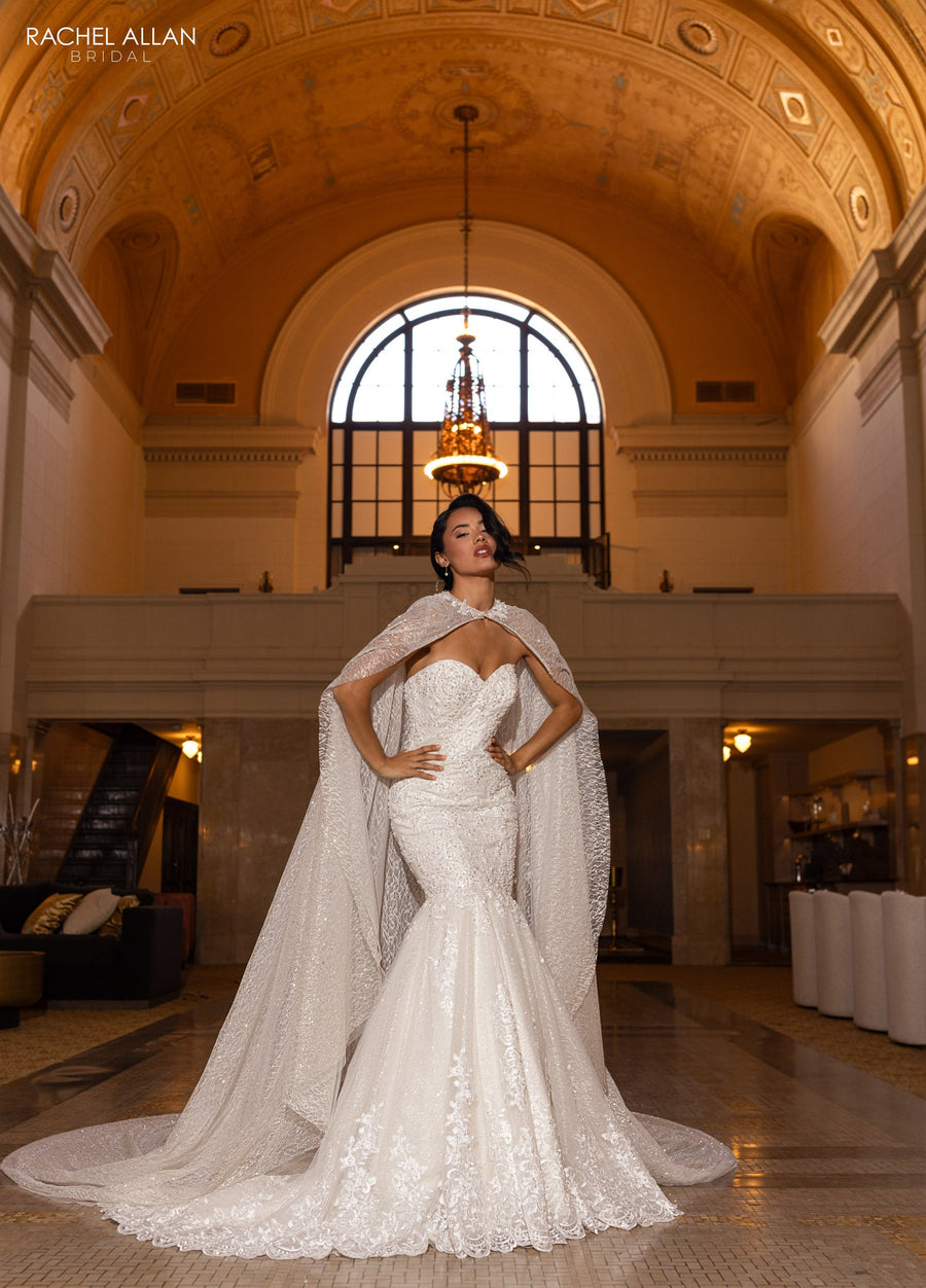 Wedding Dresses Glitter Long Mermaid Detachable Cape Wedding Dress Ivory