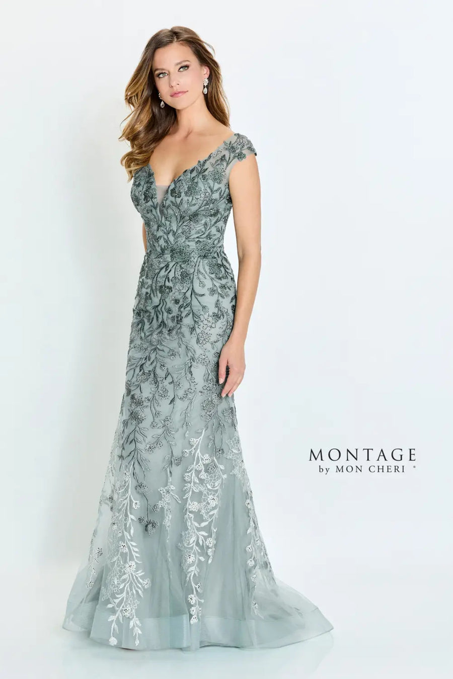 Formal Dresses Beaded Floral Long Formal Ombre Evening Dress Sage
