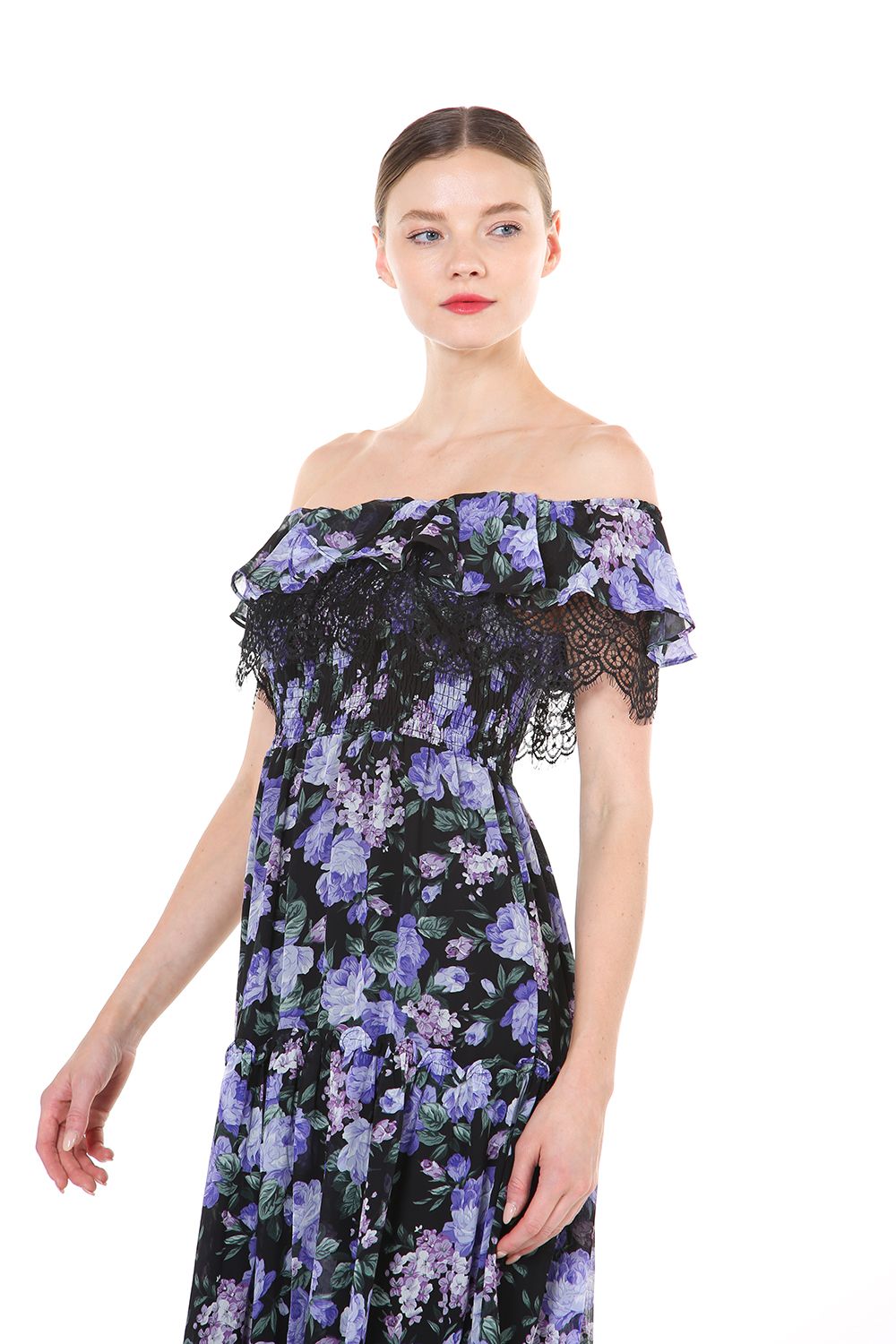 Cocktail Dresses Off Shoulder Floral Lace Trim Midi Dress Black