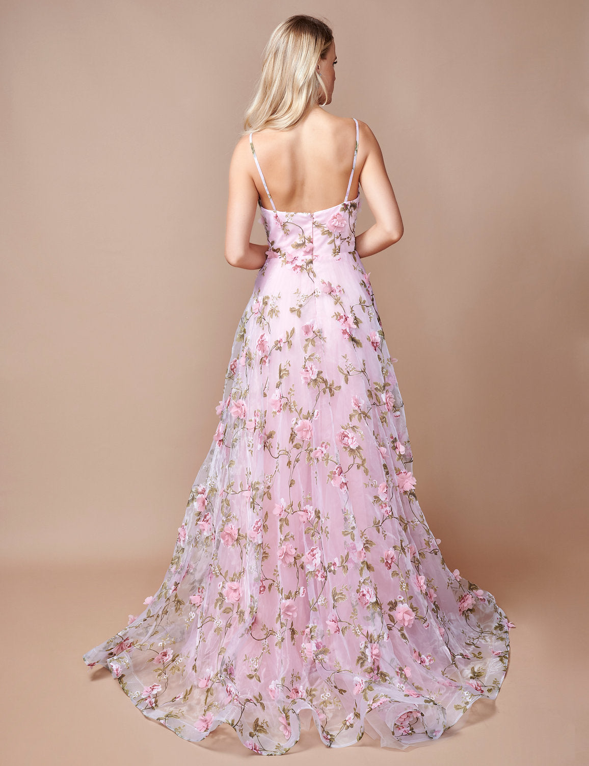 Prom Dresses A Line Long Formal Floral Print Prom Slit Dress Pink