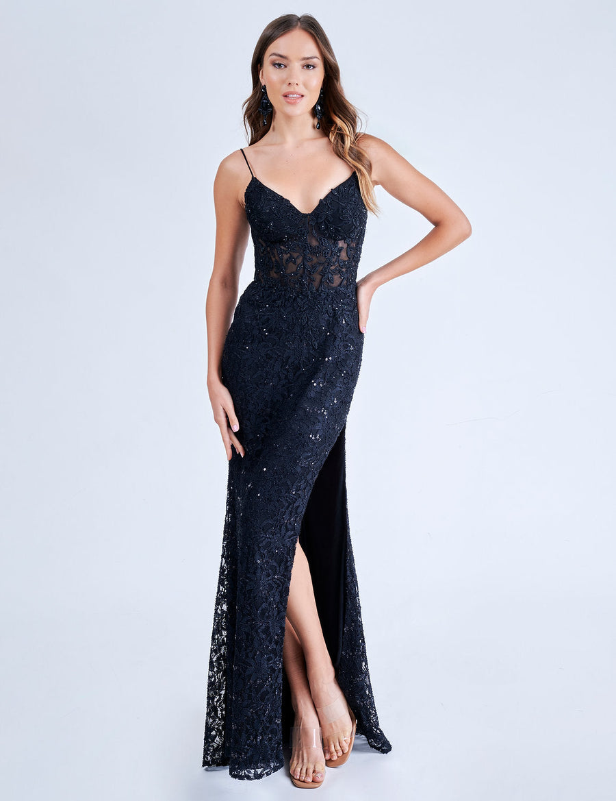 Prom Dresses Long Lace Formal Slit Prom Dress Black