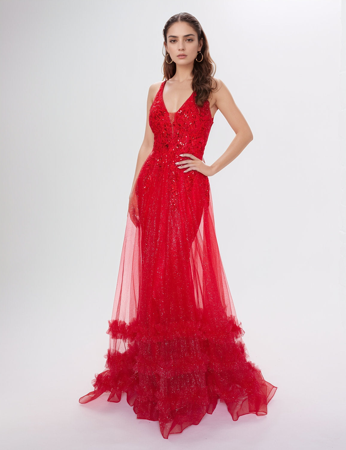 Prom Dresses Overskirt Long A Line Formal Ruffle Sequin Prom Dress Red