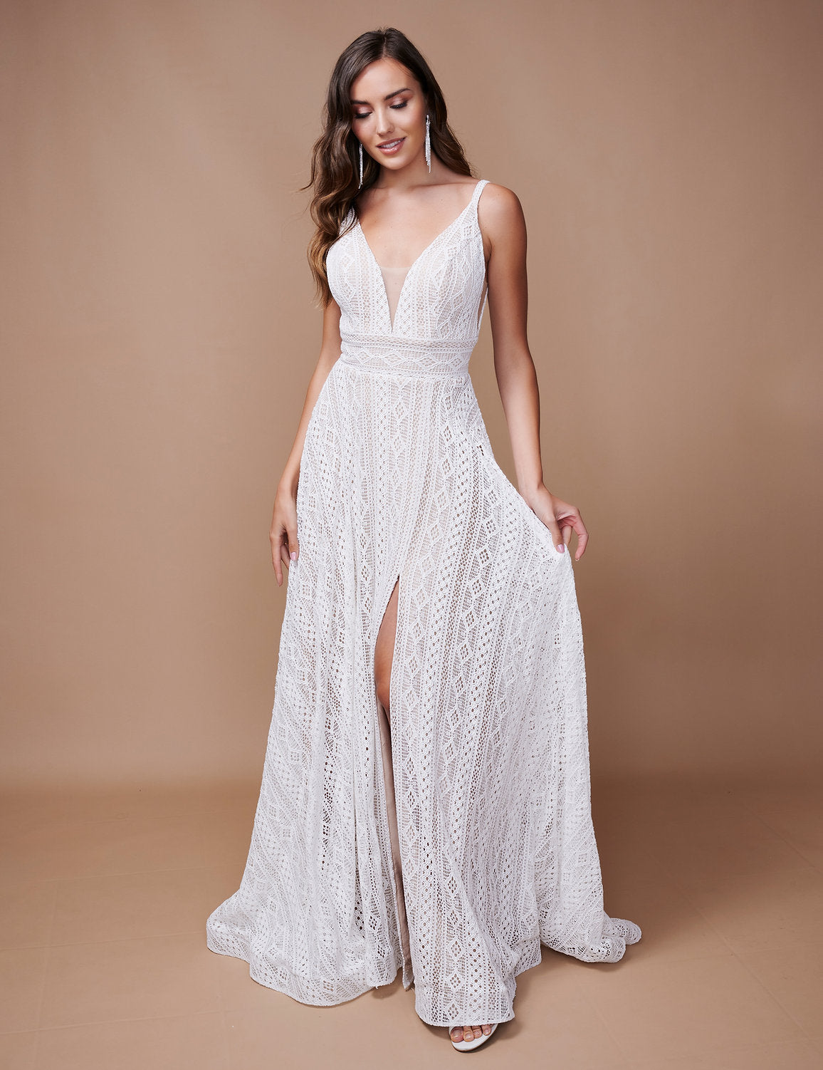 Wedding  Dresses Long Slit Bridal Gown Simple Wedding Dress Ivory/Nude