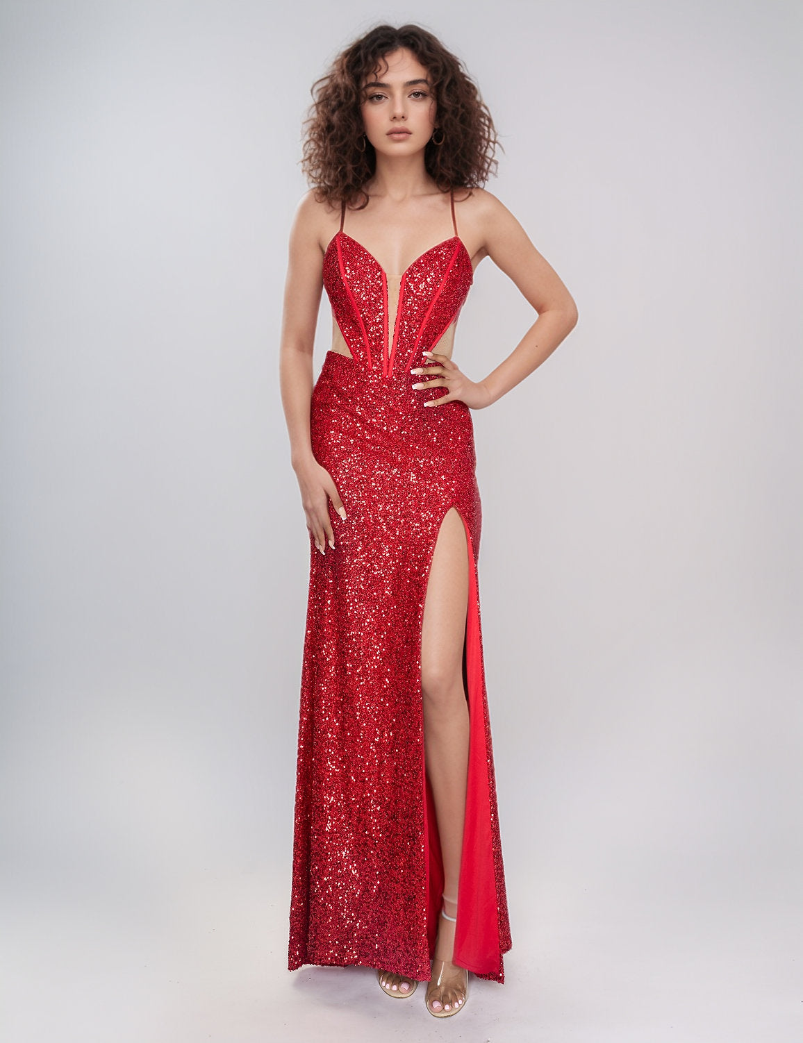 Prom Dresses Long Slit Formal Prom Sequin Dress Red