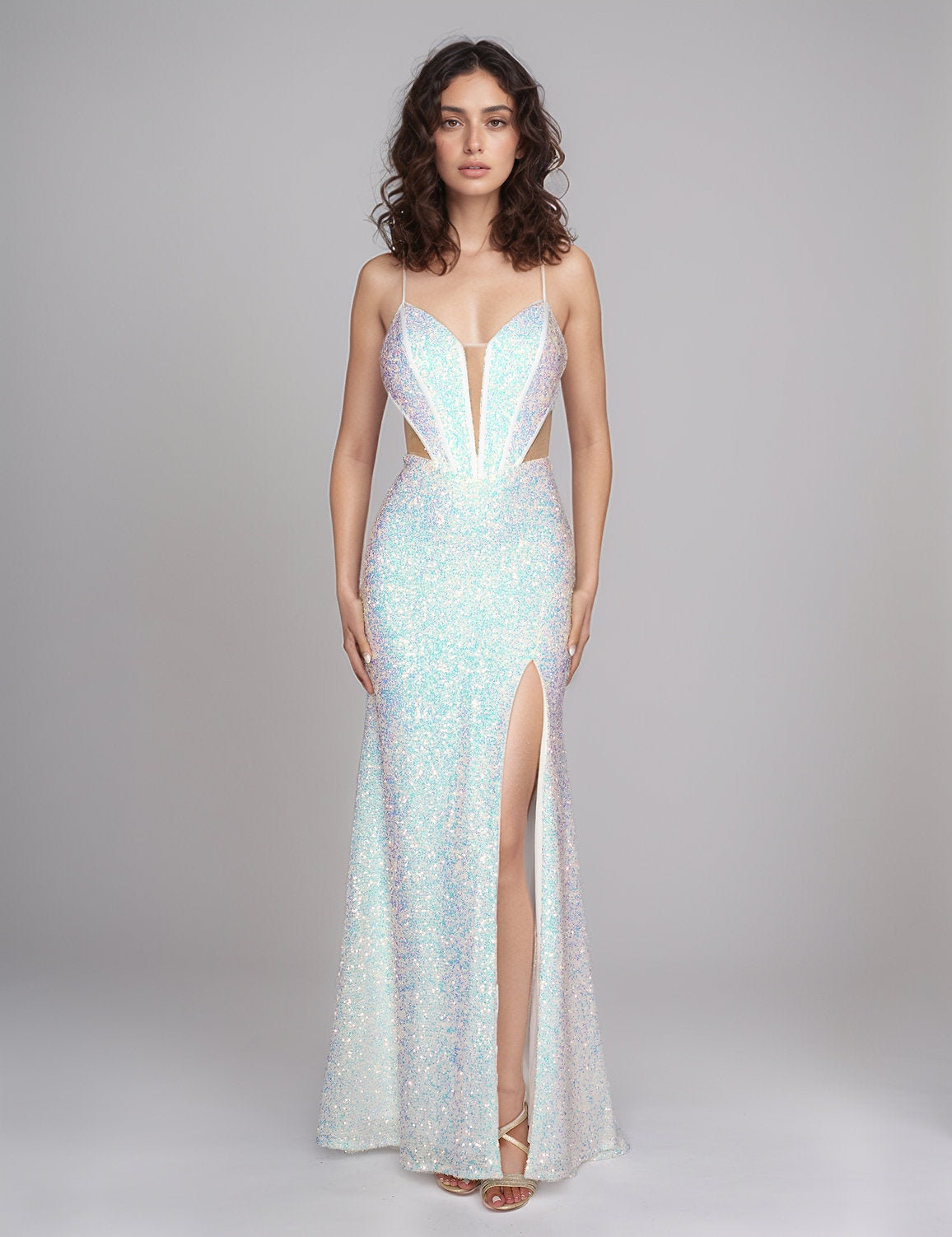 Prom Dresses Long Slit Formal Prom Sequin Dress White