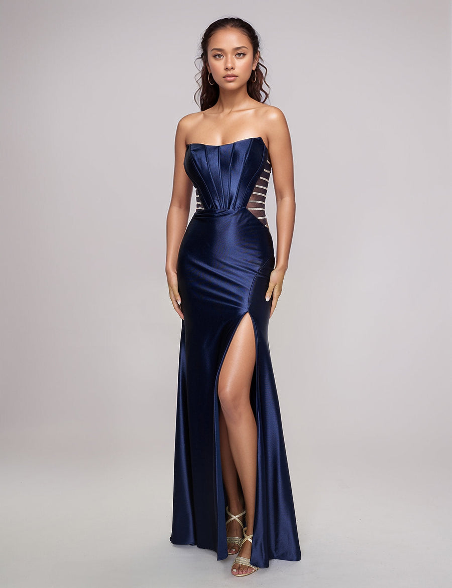 Prom Dresses Fitted Long Slit Formal Evening Prom Dress Navy