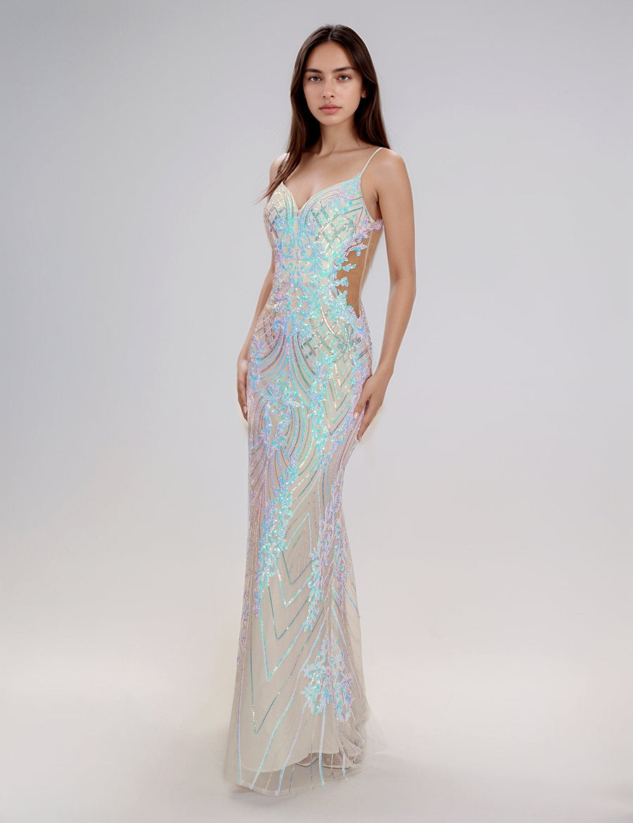 Prom Dresses Fitted Long Formal Prom Sequin Dress White