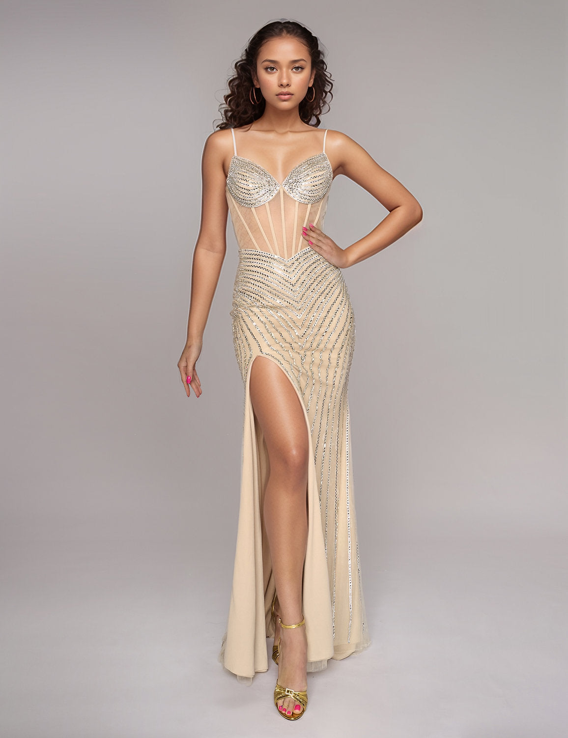 Prom Dresses Long Formal Slit Fitted Prom Dress Gold/Silver