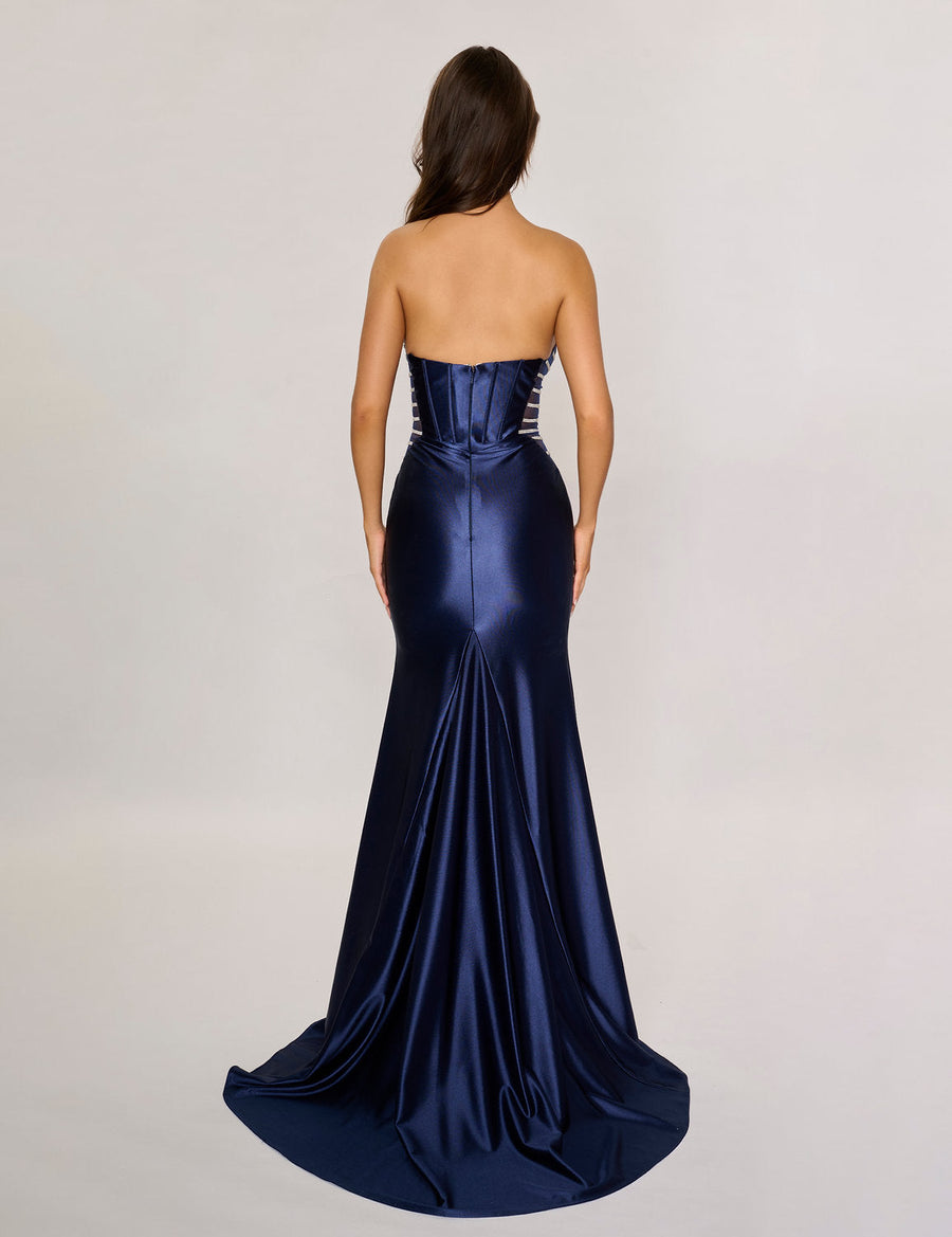 Prom Dresses Fitted Long Slit Formal Evening Prom Dress Navy