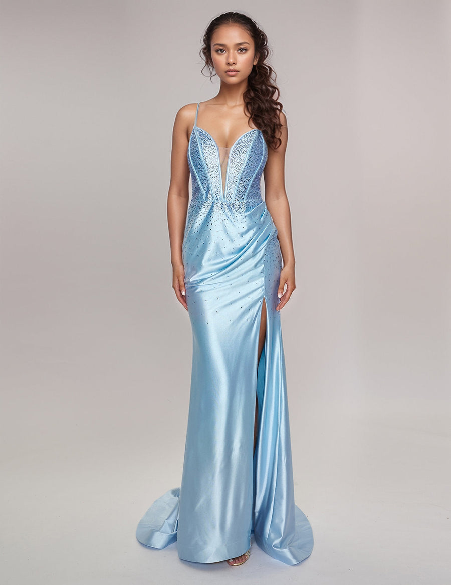 Prom Dresses Long Fitted Formal Evening Slit Prom Dress Blue