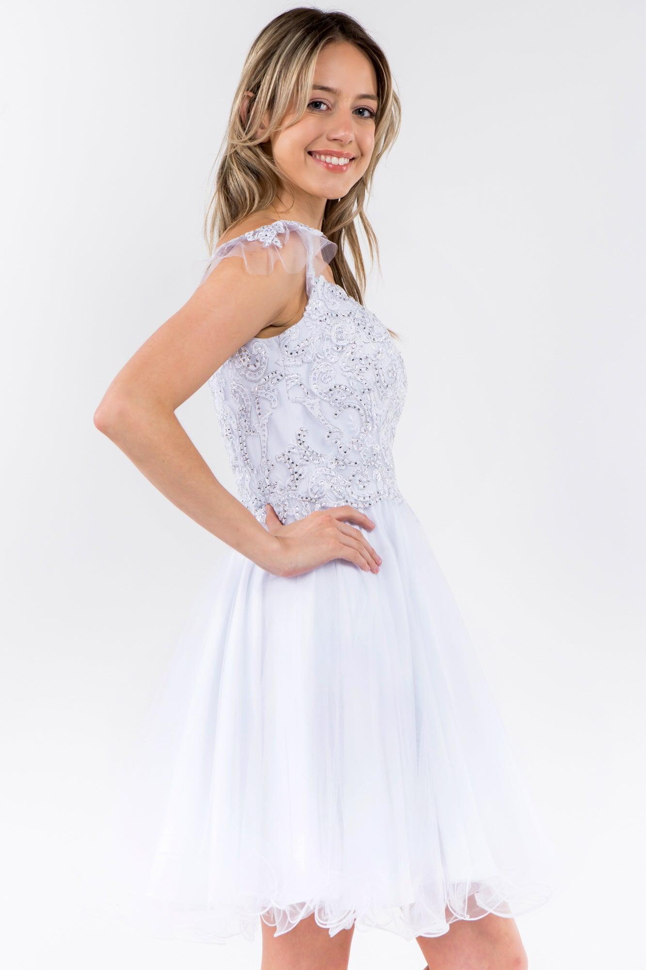 Embroidered Ruffle Short Homecoming Dress - The Dress Outlet