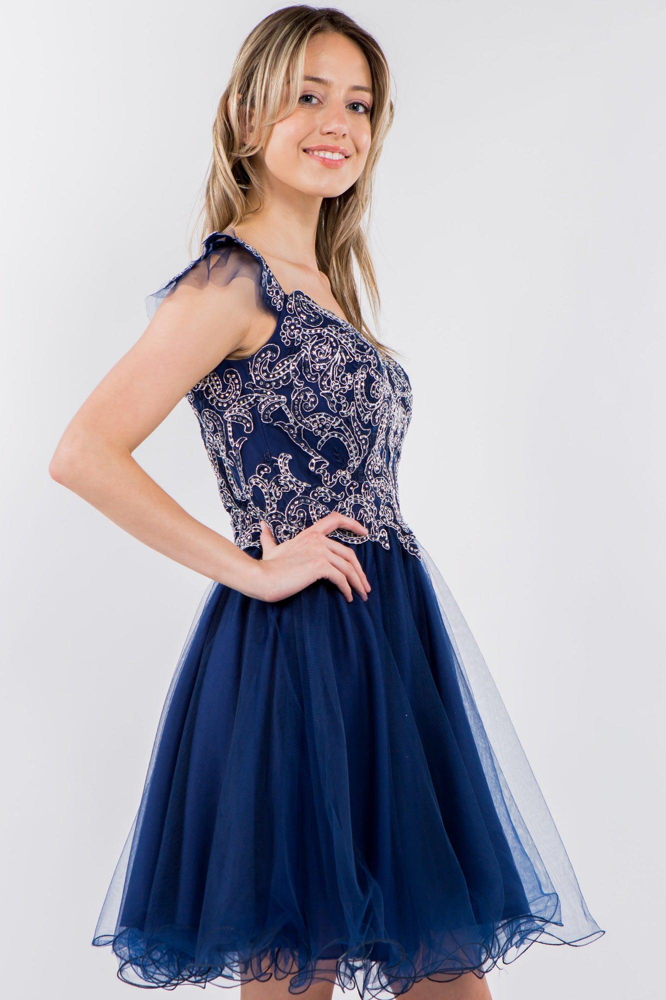 Embroidered Ruffle Short Homecoming Dress - The Dress Outlet
