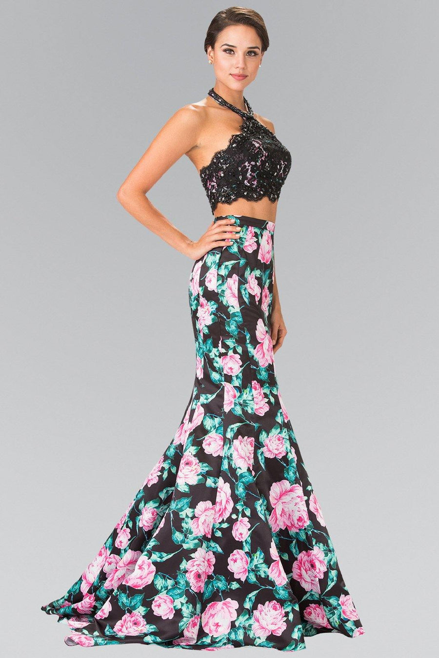 Halter-Neck Two-Piece Floral Print Long Prom Dress - The Dress Outlet Elizabeth K