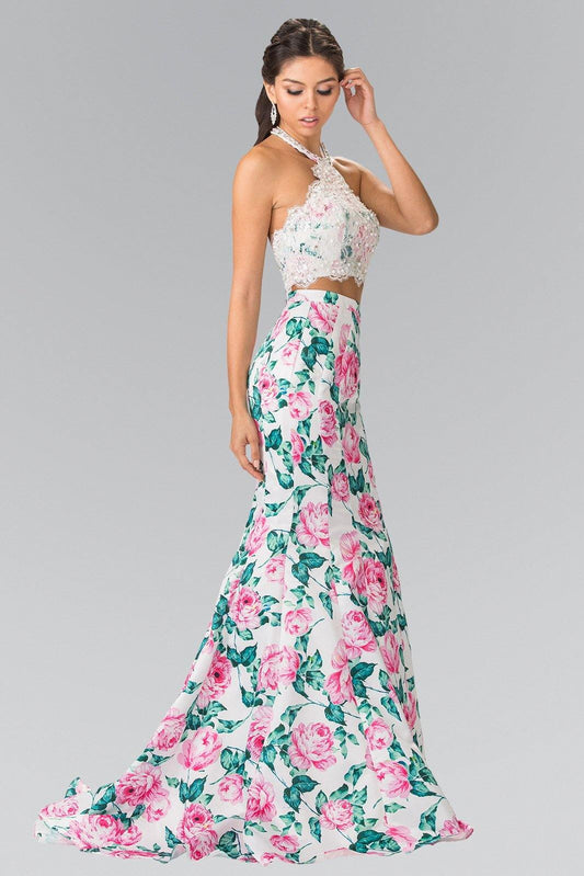 Halter-Neck Two-Piece Floral Print Long Prom Dress - The Dress Outlet Elizabeth K