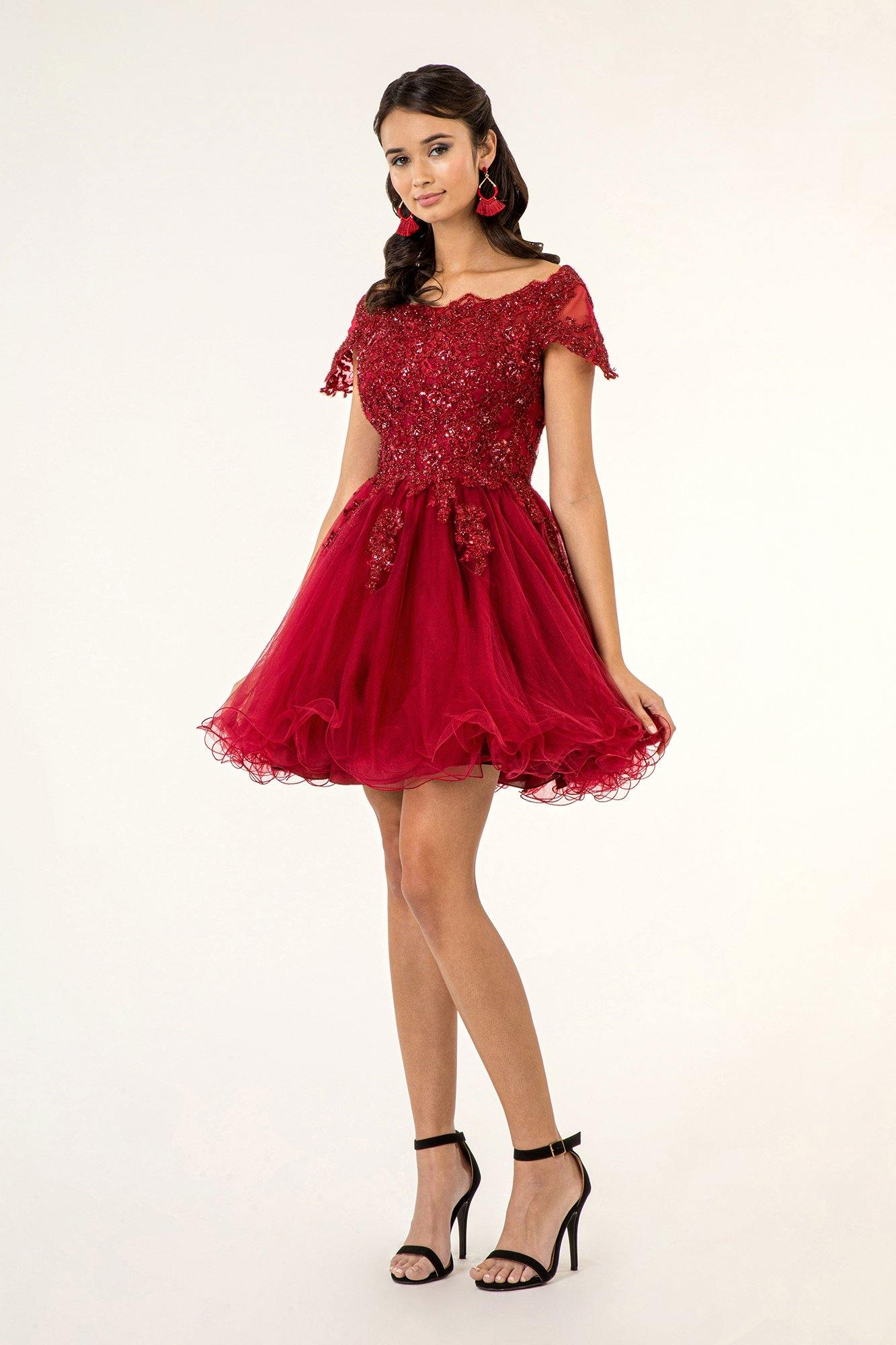Homecoming Short Cap Sleeve Embroidered Prom Dress - The Dress Outlet