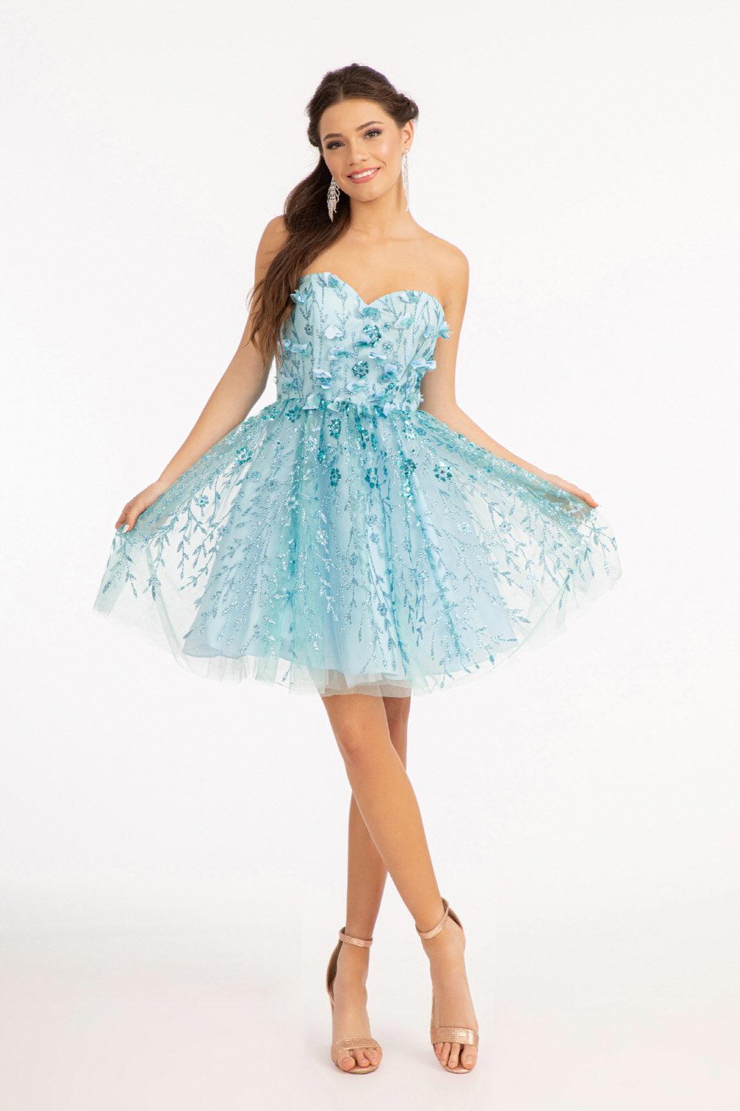 Homecoming Strapless Floral Applique Short Dress - The Dress Outlet