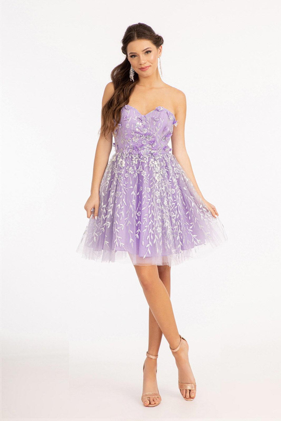 Homecoming Strapless Floral Applique Short Dress - The Dress Outlet