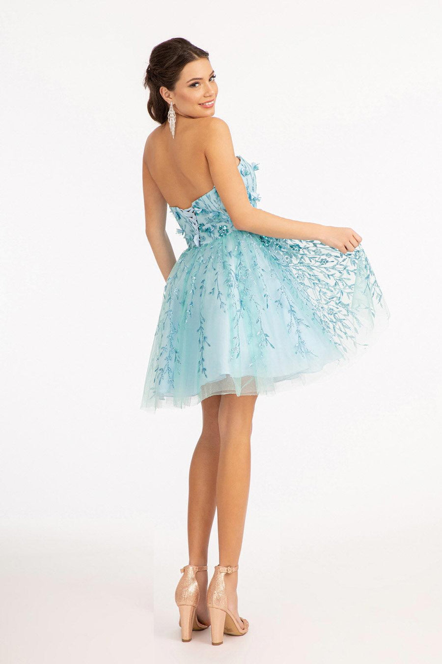 Homecoming Strapless Floral Applique Short Dress - The Dress Outlet