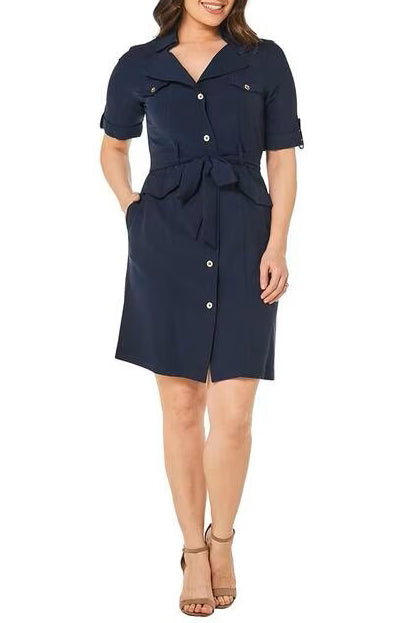 Cocktail Dresses Short Button Down Belt Cocktail Dress Deep Navy