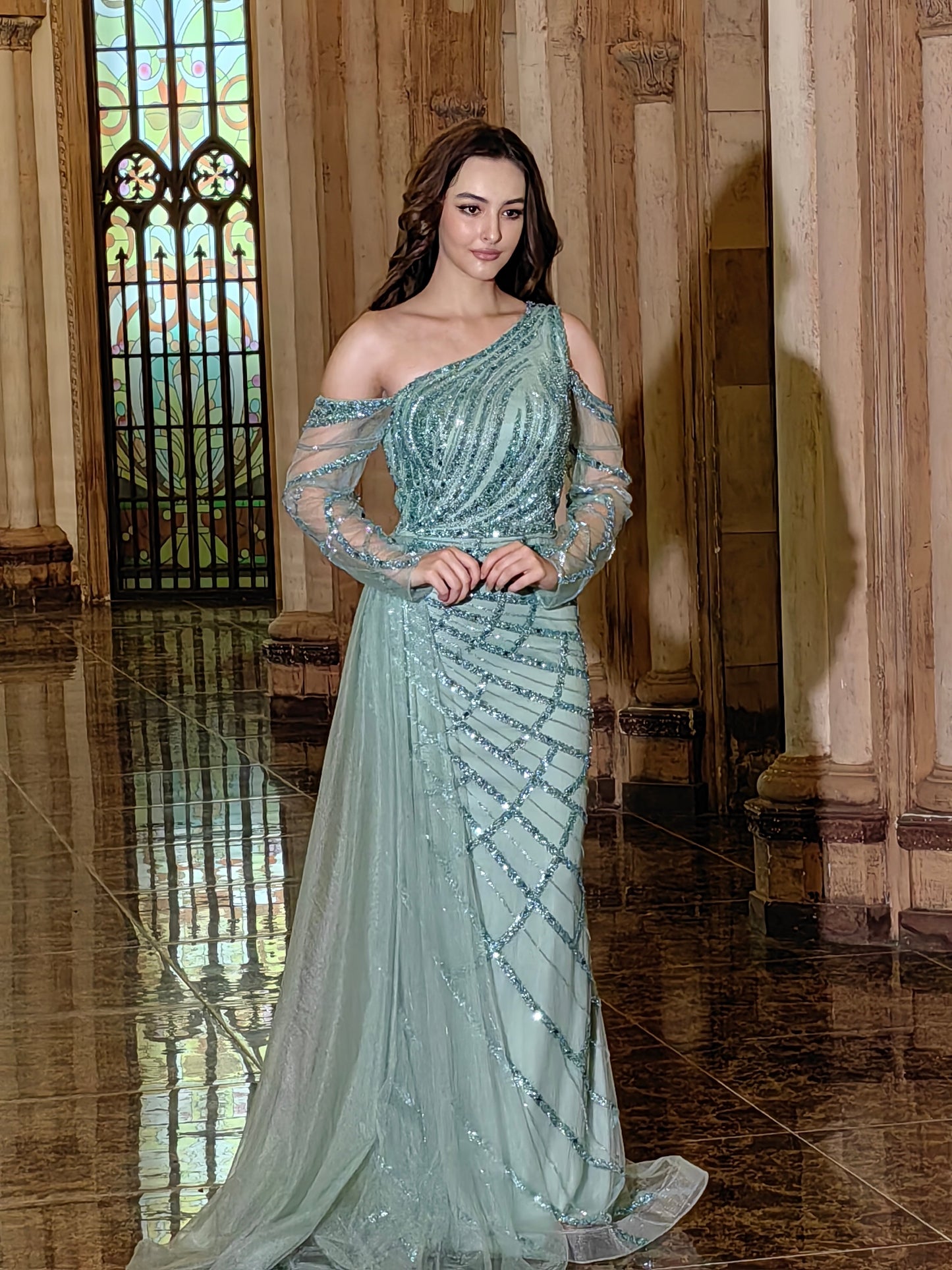 Formal Dresses Long Couture Long Sleeve Beaded Formal Dress Emerald Green